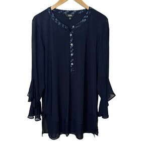 Slim Factor Womens Blouse Size M Flutter Sheer‎ Sleeve and Hem Popover Tunic Top